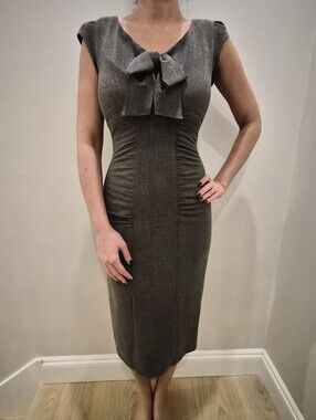 Stop Staring Charcoal Gray Bow-Front Midi Sheath Dress